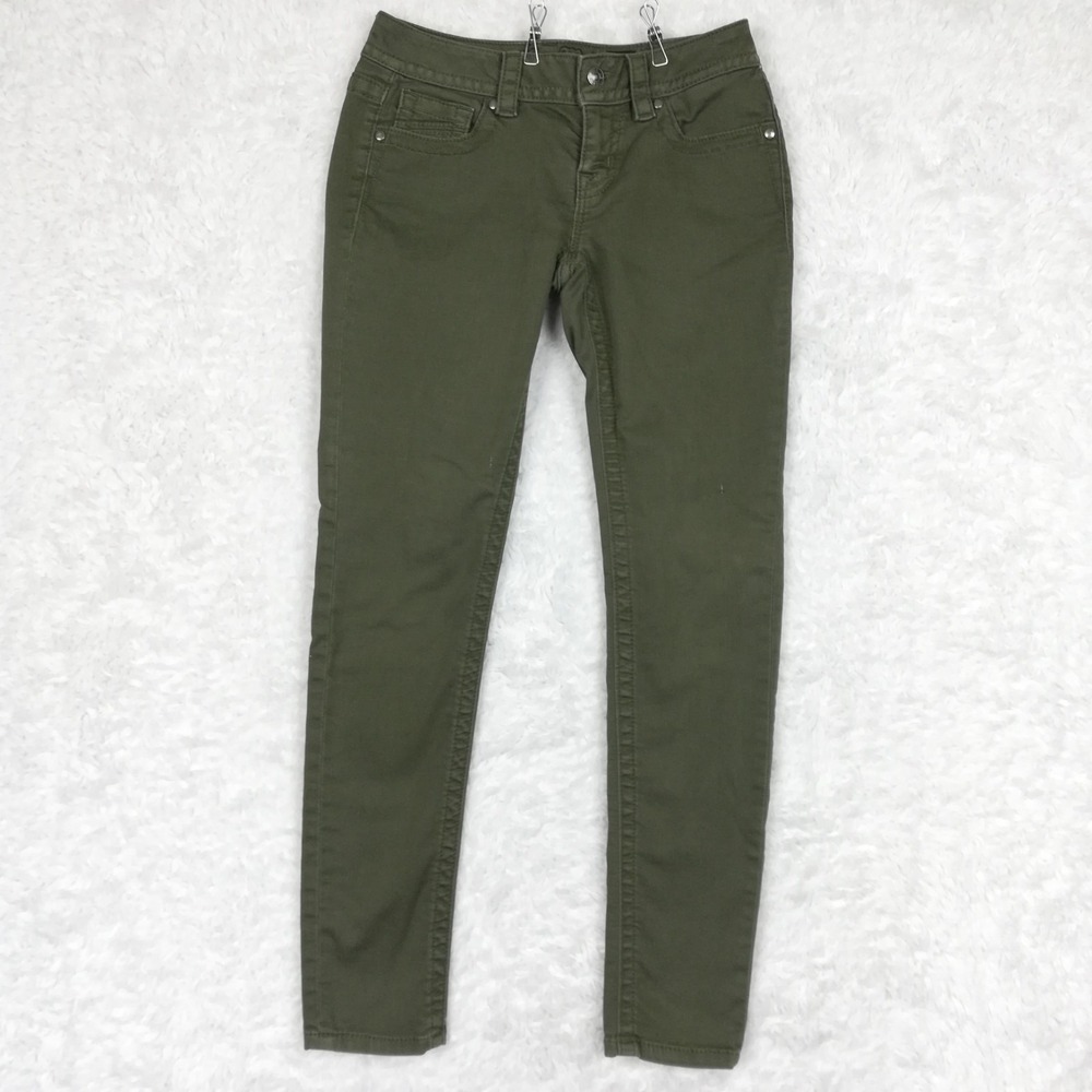 Miss Me Womens Jeans Signature Skinny Army Green Denim Low Rise Zipper Pocket 27